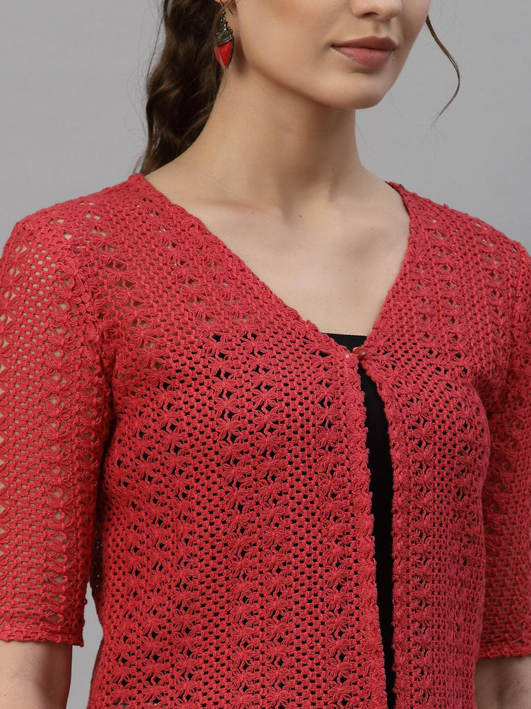 Style Quotient Women Self design Red cotton lace regular smart casual shrug-Shrug-StyleQuotient