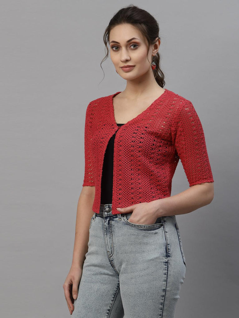 Style Quotient Women Self design Red cotton lace regular smart casual shrug-Shrug-StyleQuotient