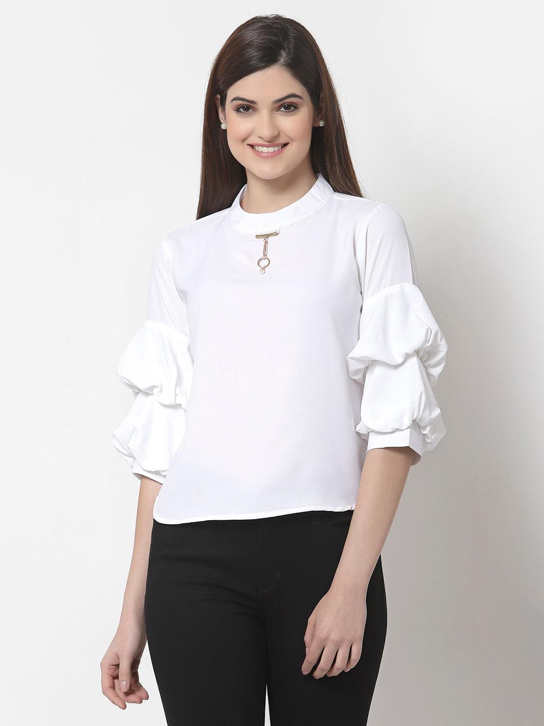 White Solid Bishop Sleeves Crepe Top-Tops-StyleQuotient