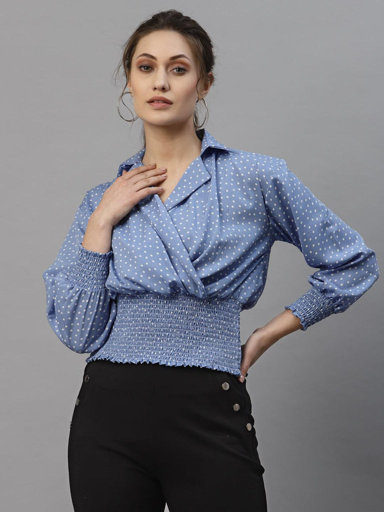 Style Quotient Blue And White Polka Dot Printed Polyester Smart Casual Top-Tops-StyleQuotient