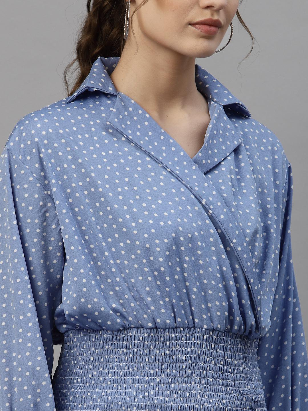 Style Quotient Blue And White Polka Dot Printed Polyester Smart Casual Top-Tops-StyleQuotient