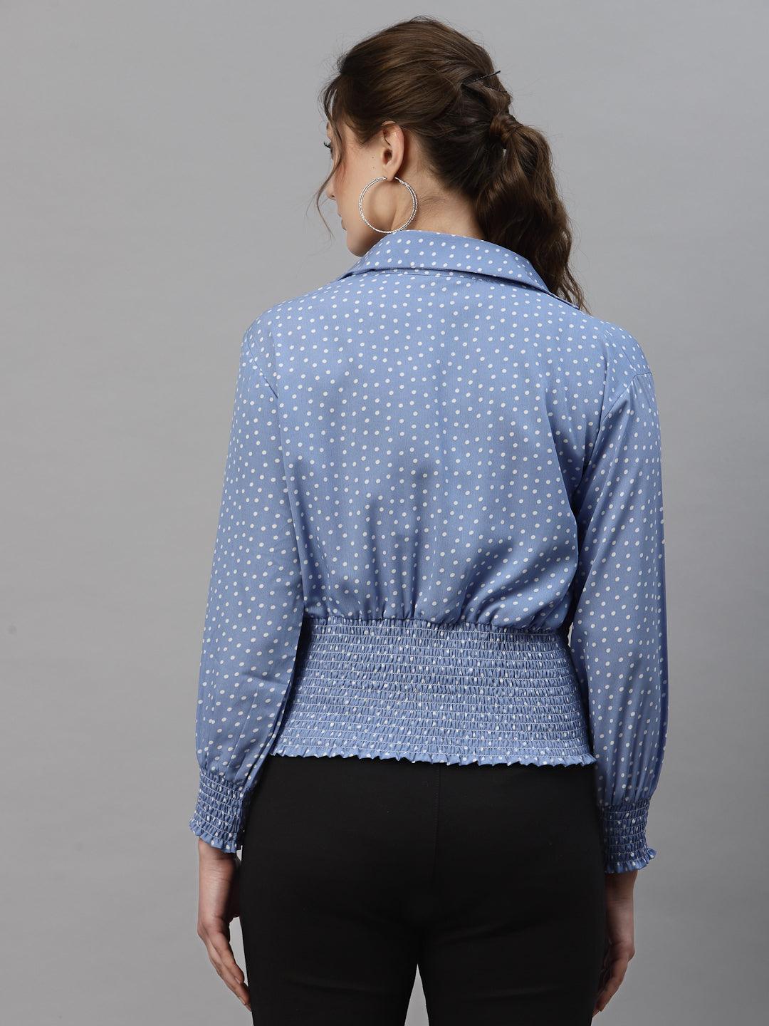 Style Quotient Blue And White Polka Dot Printed Polyester Smart Casual Top-Tops-StyleQuotient