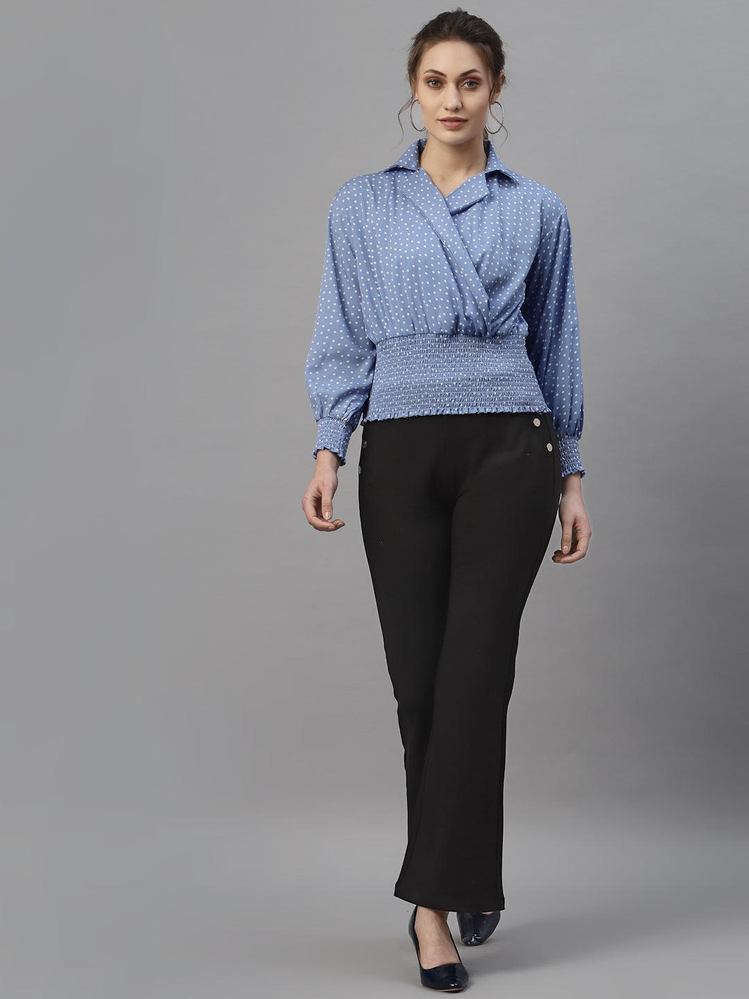 Style Quotient Blue And White Polka Dot Printed Polyester Smart Casual Top-Tops-StyleQuotient