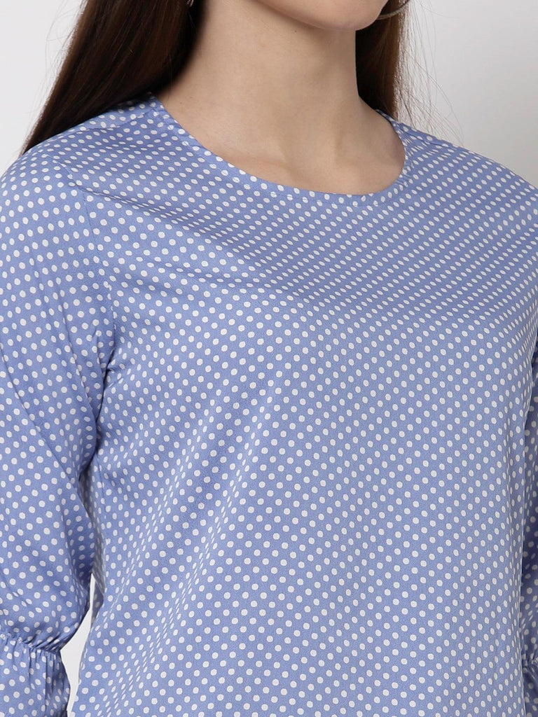 Style Quotient Women Blue And White Polka Dot Printed Polyester Smart Casual Top-Tops-StyleQuotient