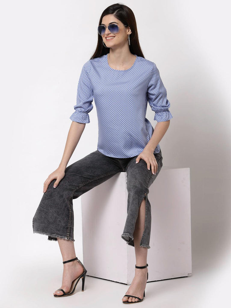 Style Quotient Women Blue And White Polka Dot Printed Polyester Smart Casual Top-Tops-StyleQuotient