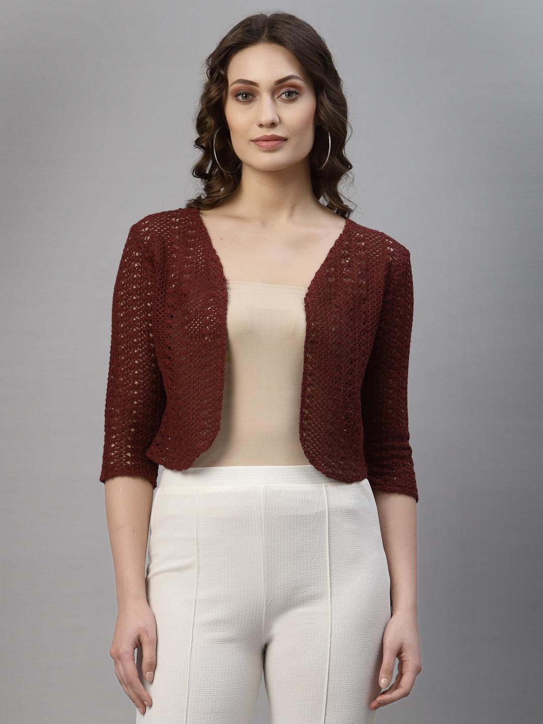 Style Quotient Women Maroon cotton self design lace crop open front shrug-Shrug-StyleQuotient