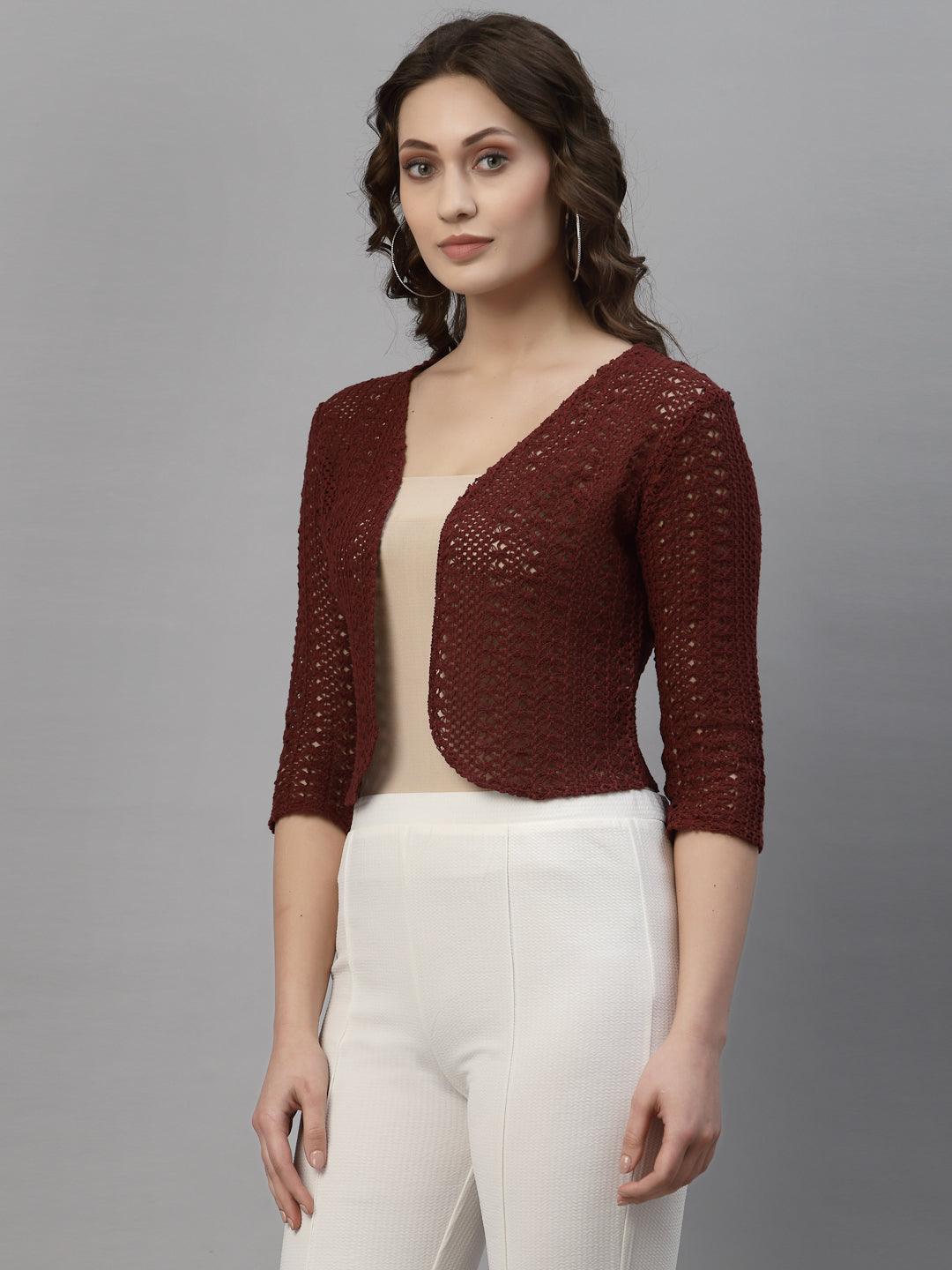 Style Quotient Women Maroon cotton self design lace crop open front shrug-Shrug-StyleQuotient