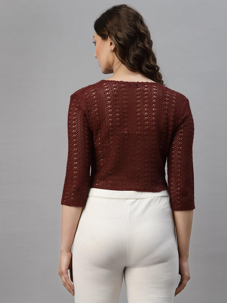 Style Quotient Women Maroon cotton self design lace crop open front shrug-Shrug-StyleQuotient