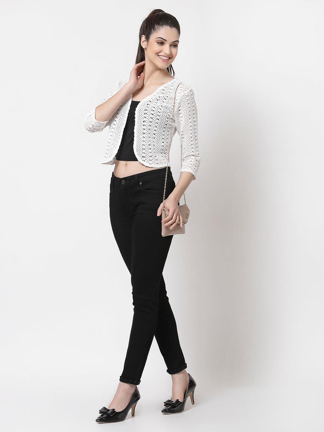 Style Quotient Women White cotton self design lace crop open front shrug-Shrug-StyleQuotient