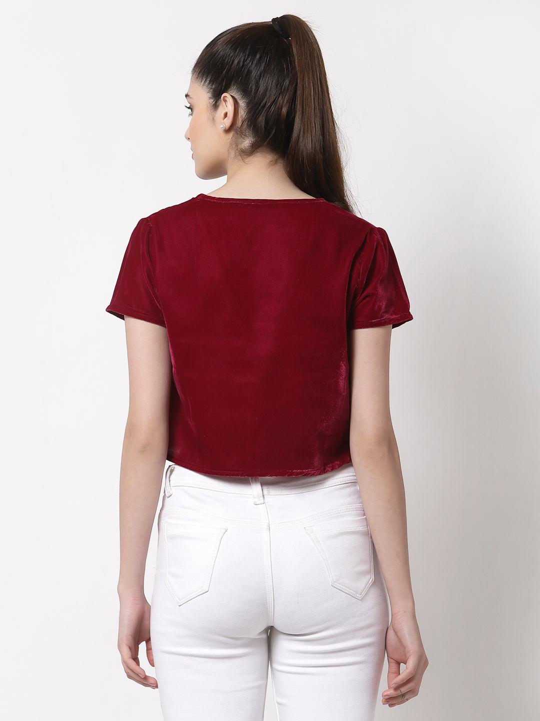 Women Maroon Crop Tie-Up Shrug-Shrug-StyleQuotient