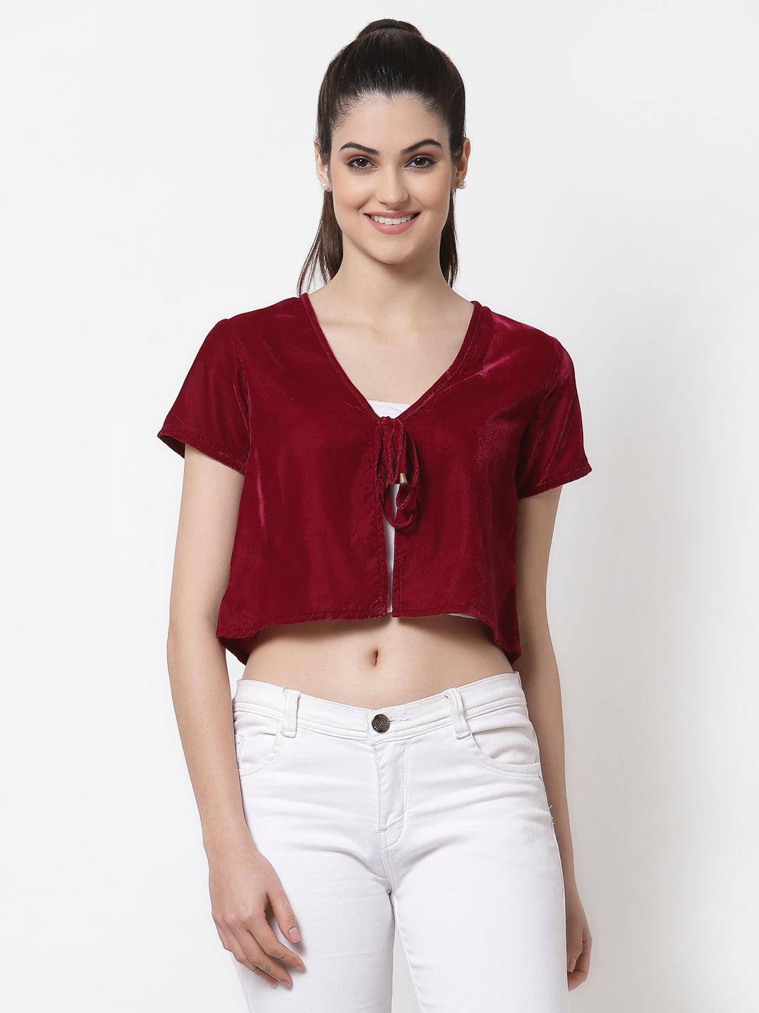 Women Maroon Crop Tie-Up Shrug-Shrug-StyleQuotient