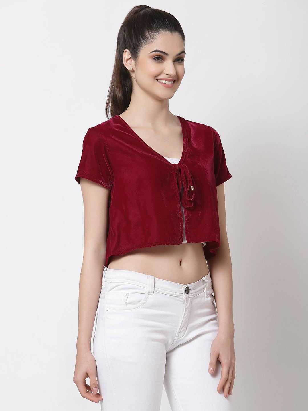 Women Maroon Crop Tie-Up Shrug-Shrug-StyleQuotient