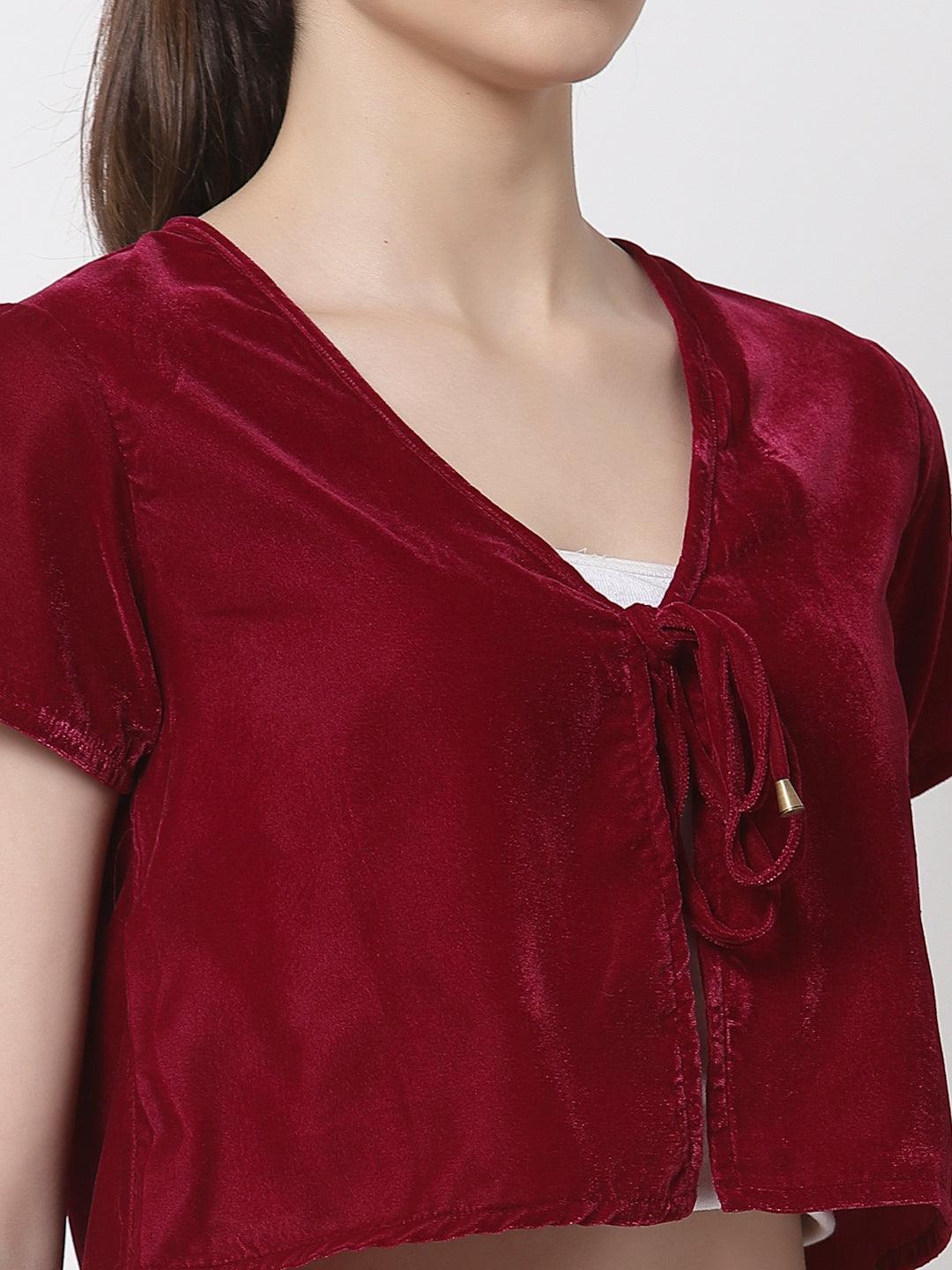 Women Maroon Crop Tie-Up Shrug-Shrug-StyleQuotient