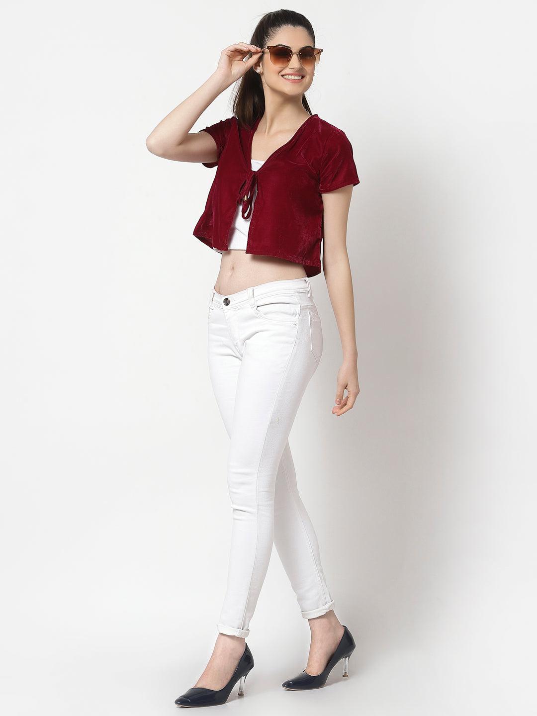 Women Maroon Crop Tie-Up Shrug-Shrug-StyleQuotient