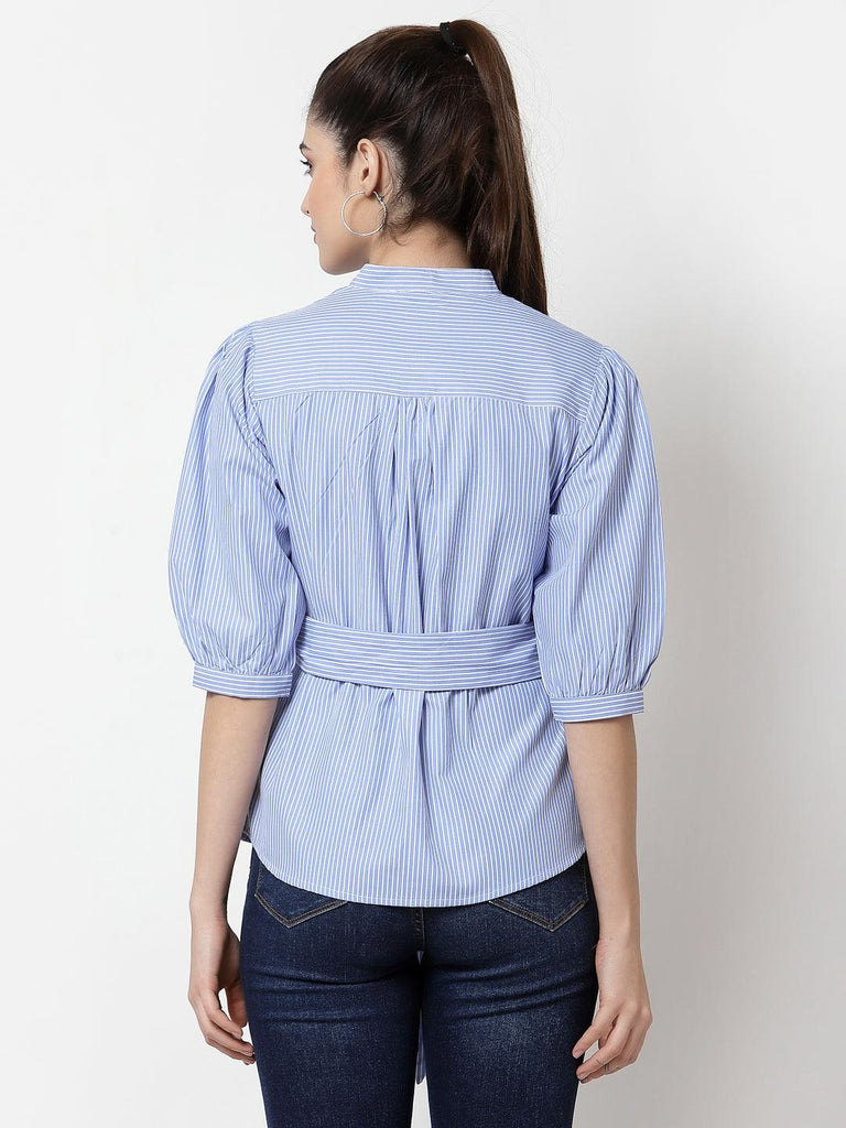 Blue Striped Mandarin Collar Shirt Style Top-Tops-StyleQuotient