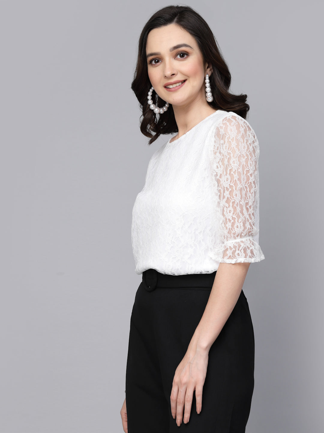 Style Quotient Women White Self Design Cotton Lace Regular Smart Casual Top-Tops-StyleQuotient