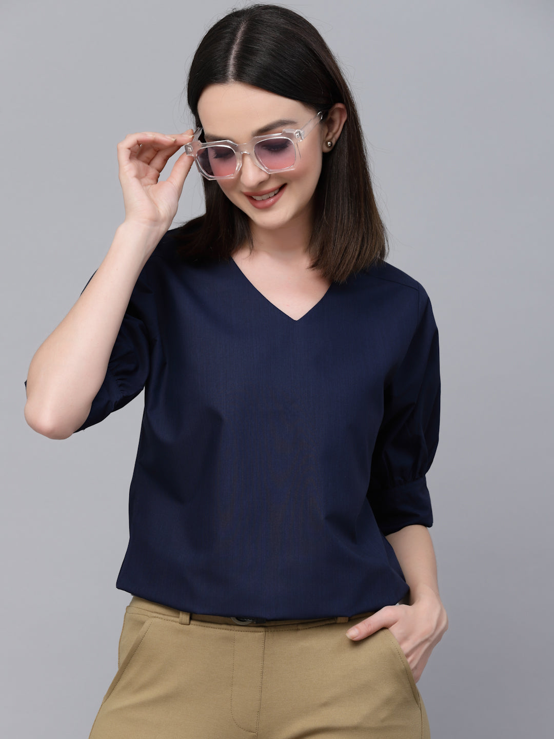 Style Quotient Women solid Navy Cotton Smart Casual Top-Tops-StyleQuotient