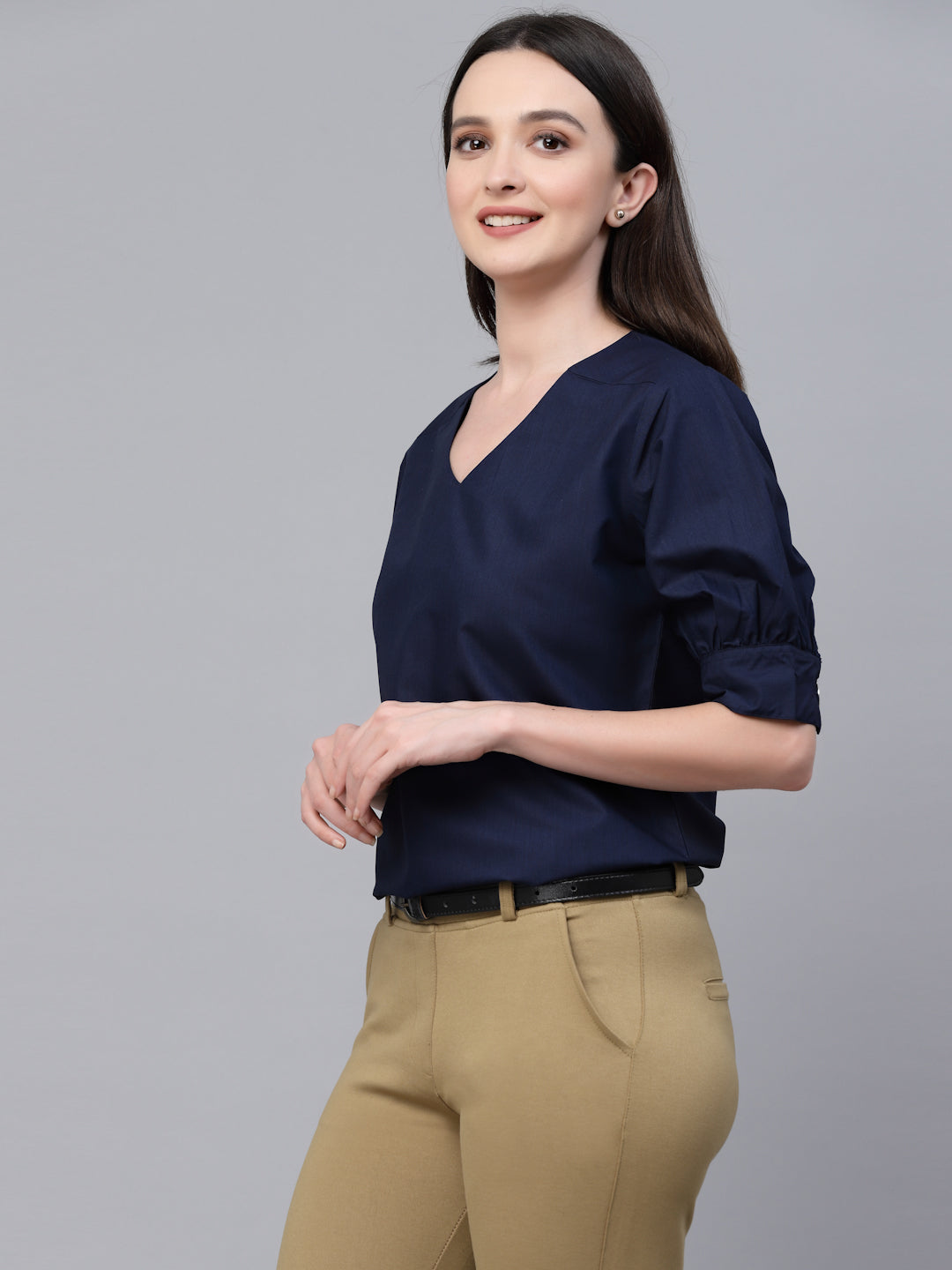 Style Quotient Women solid Navy Cotton Smart Casual Top-Tops-StyleQuotient