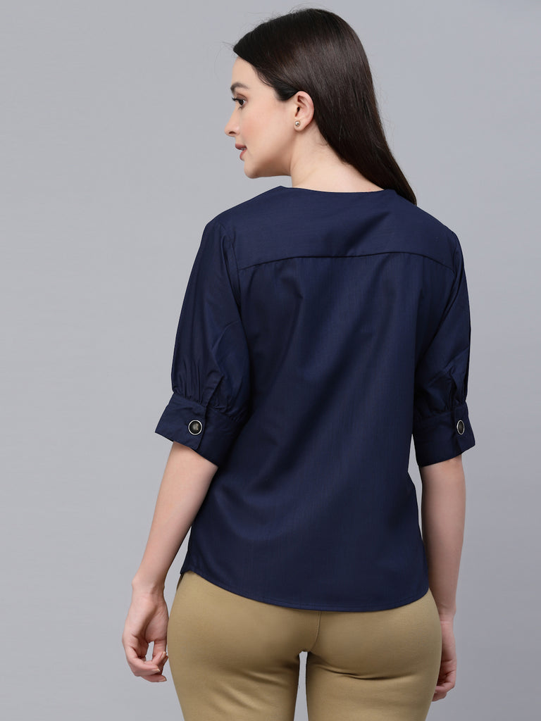 Style Quotient Women solid Navy Cotton Smart Casual Top-Tops-StyleQuotient