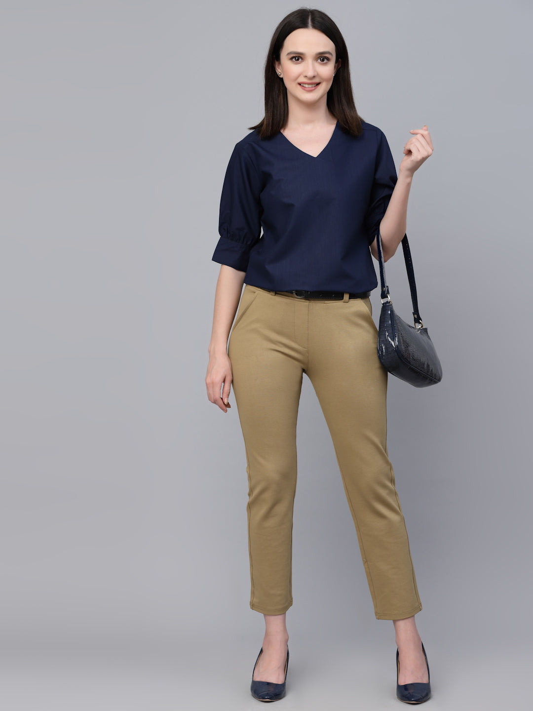 Style Quotient Women solid Navy Cotton Smart Casual Top-Tops-StyleQuotient