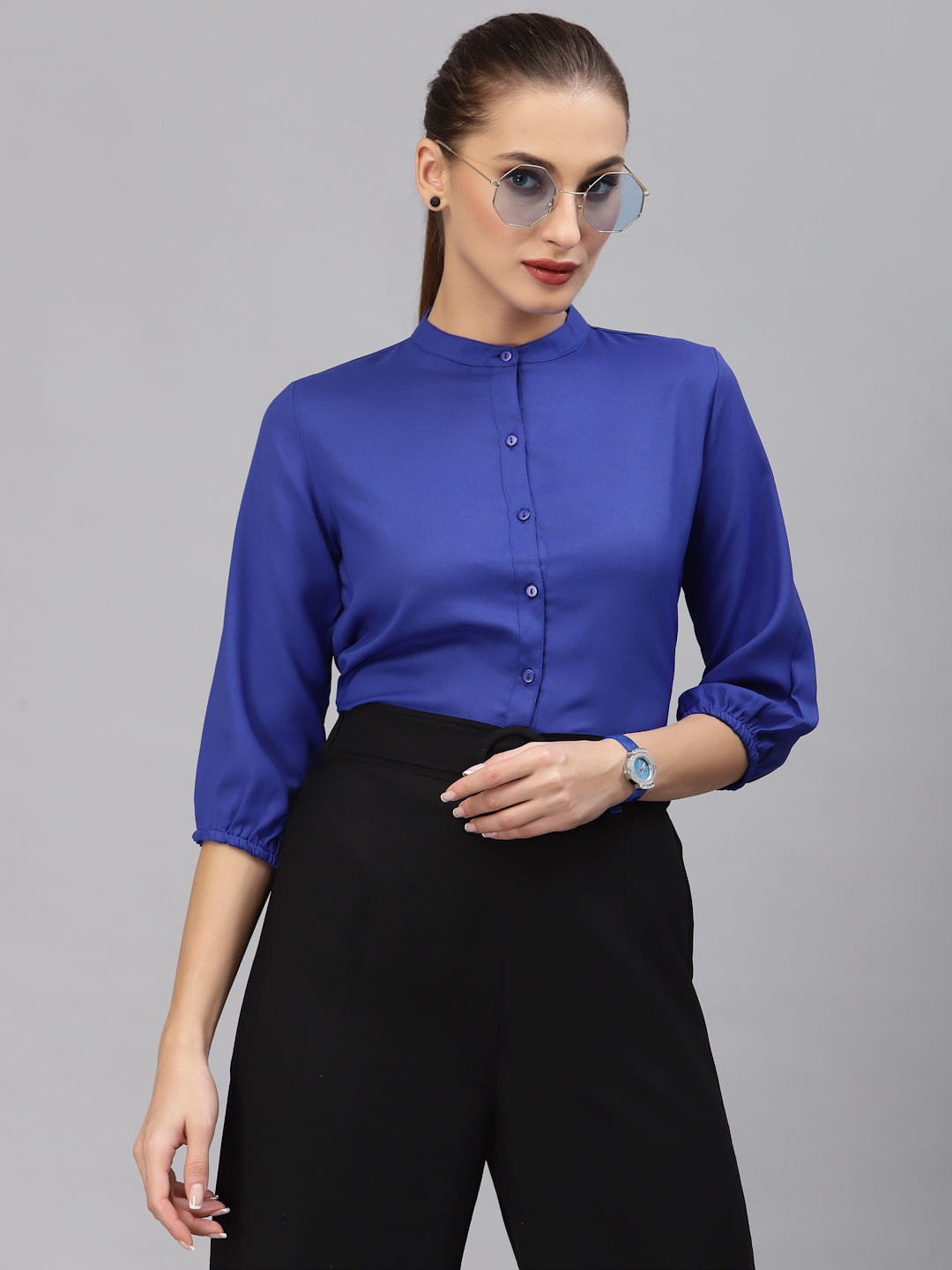 Style Quotient Women Solid Cobalt Blue Polyester Formal Shirt-StyleQuotient