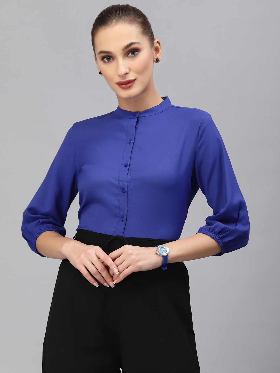 Style Quotient Women Solid Cobalt Blue Polyester Formal Shirt-StyleQuotient