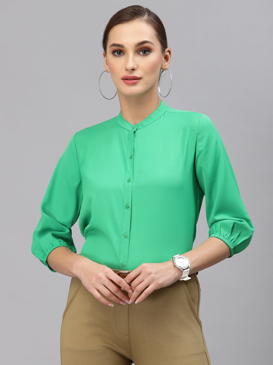 Style Quotient Women Solid Green Polyester Formal Shirt-Shirts-StyleQuotient