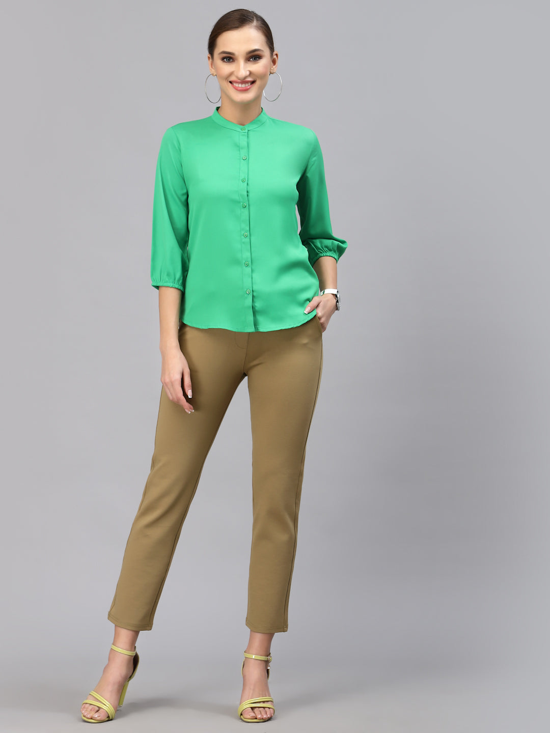 Style Quotient Women Solid Green Polyester Formal Shirt-Shirts-StyleQuotient