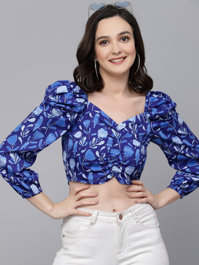 Style Quotient Women Blue Floral Printed polyester Regular Smart Casual Top-Tops-StyleQuotient