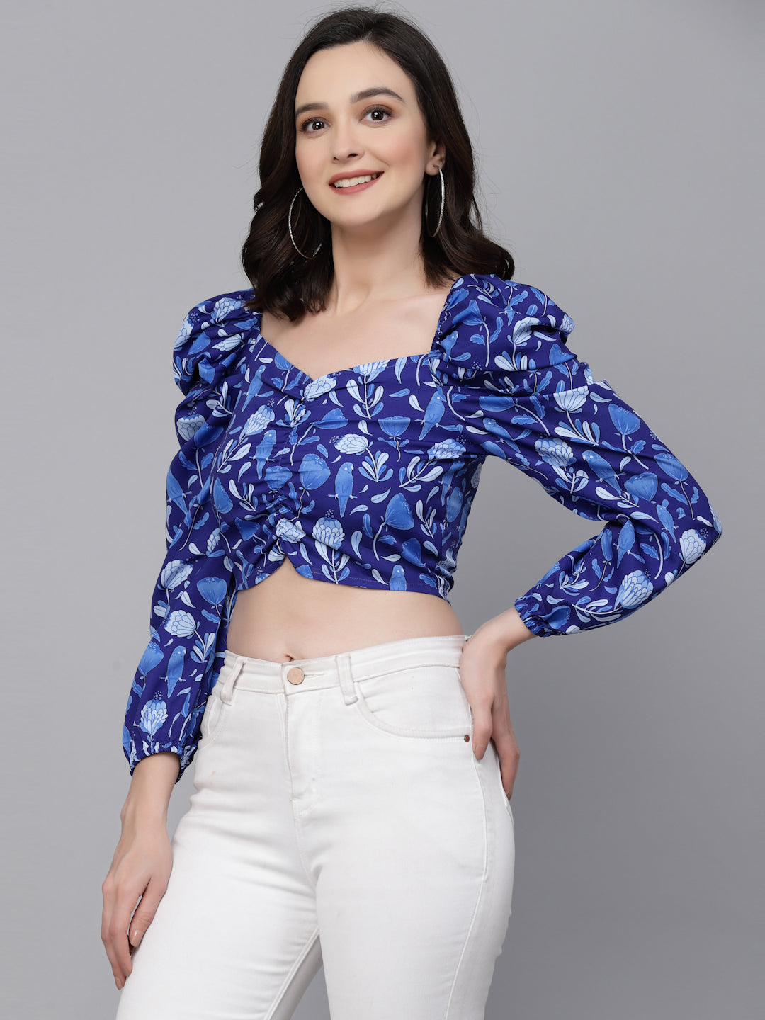 Style Quotient Women Blue Floral Printed polyester Regular Smart Casual Top-Tops-StyleQuotient