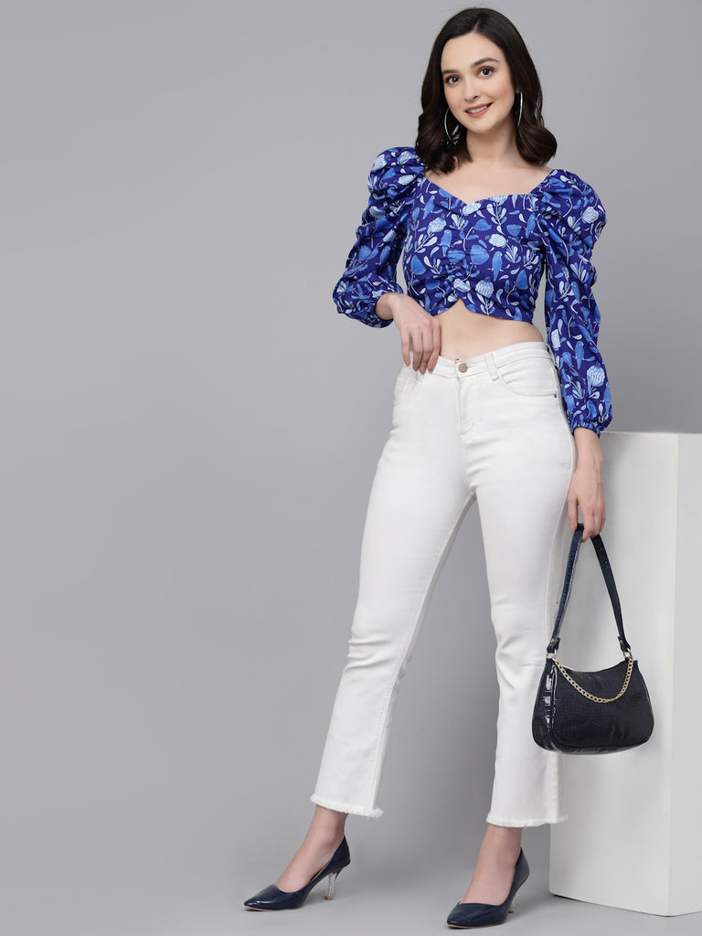 Style Quotient Women Blue Floral Printed polyester Regular Smart Casual Top-Tops-StyleQuotient