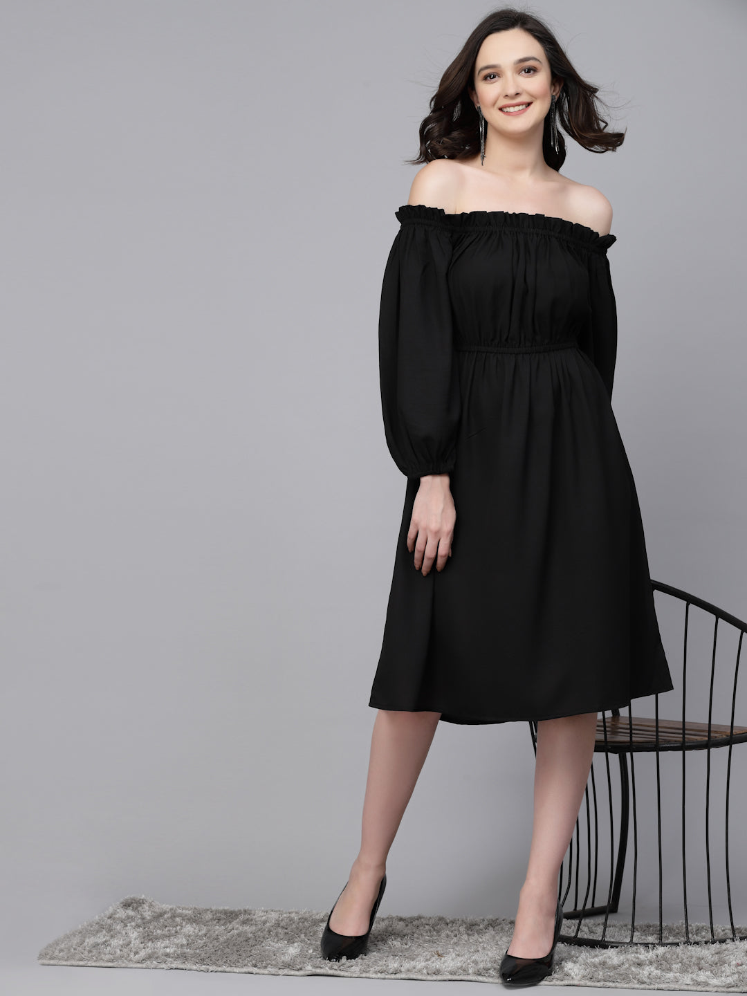 Style Quotient Women Solid Black Polyknit Smart Casual Dress-Dressers-StyleQuotient