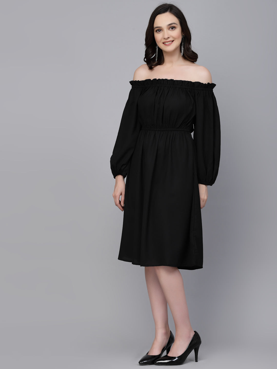 Style Quotient Women Solid Black Polyknit Smart Casual Dress-Dressers-StyleQuotient