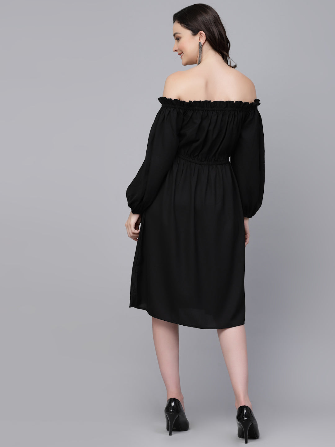 Style Quotient Women Solid Black Polyknit Smart Casual Dress-Dressers-StyleQuotient