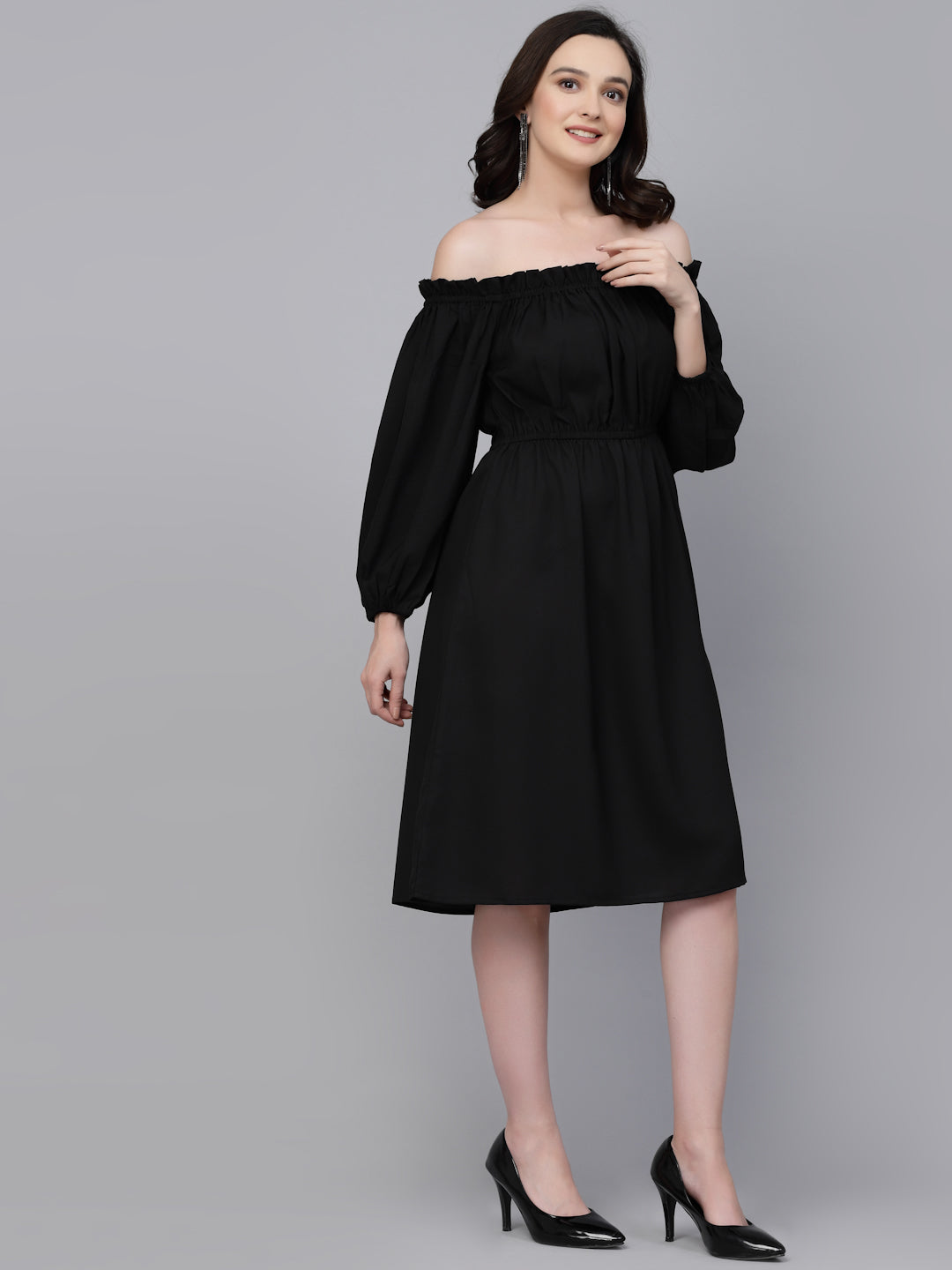 Style Quotient Women Solid Black Polyknit Smart Casual Dress-Dressers-StyleQuotient