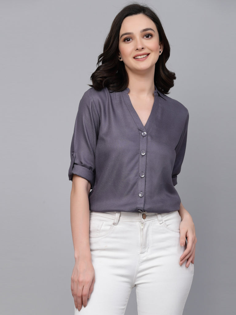 Style quotient Women Grey Solid Polycotton Smart Casual Shirt-Shirts-StyleQuotient