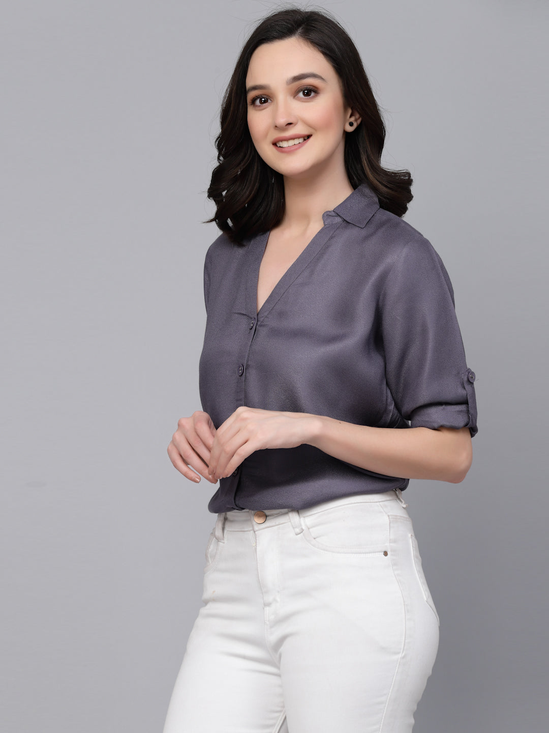 Style quotient Women Grey Solid Polycotton Smart Casual Shirt-Shirts-StyleQuotient