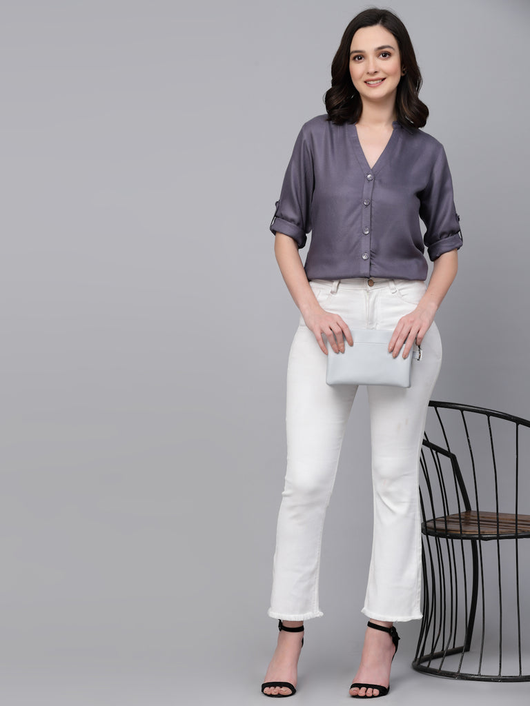 Style quotient Women Grey Solid Polycotton Smart Casual Shirt-Shirts-StyleQuotient