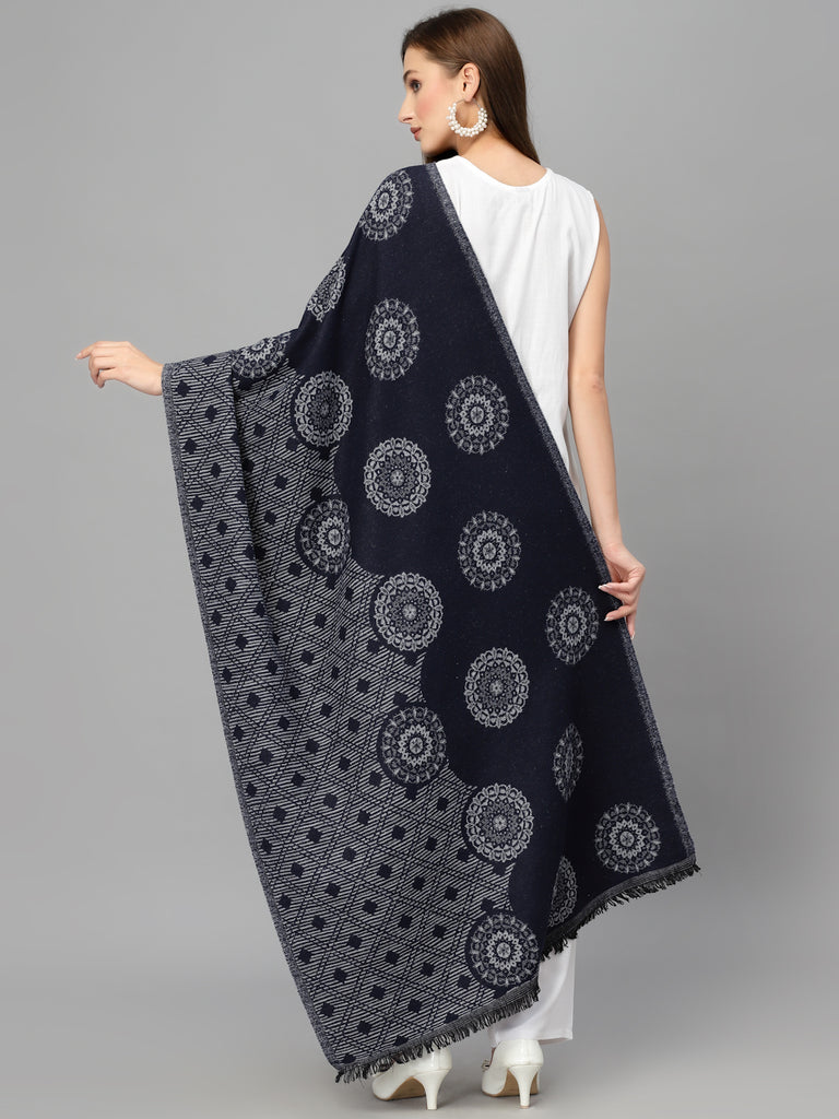 Style Quotient Women Navy Blue Woven-Design Shawl-Shawl-StyleQuotient