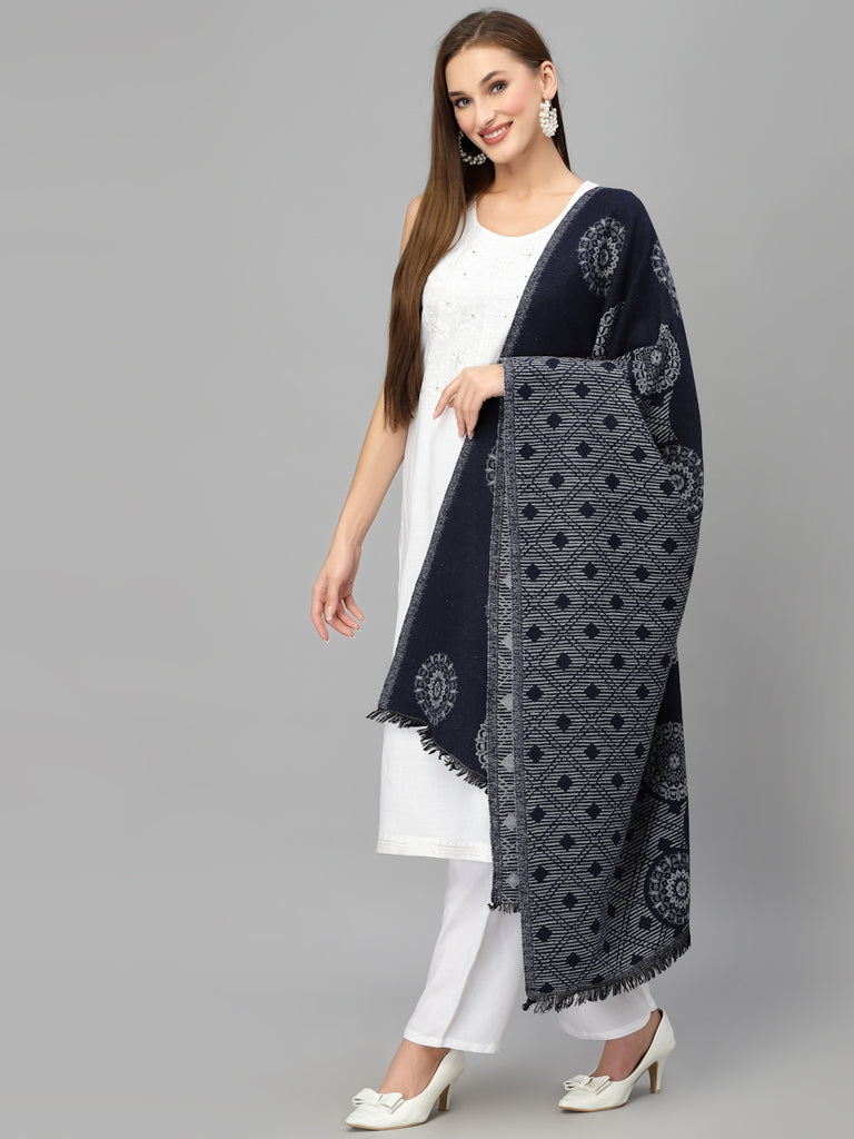 Style Quotient Women Navy Blue Woven-Design Shawl-Shawl-StyleQuotient