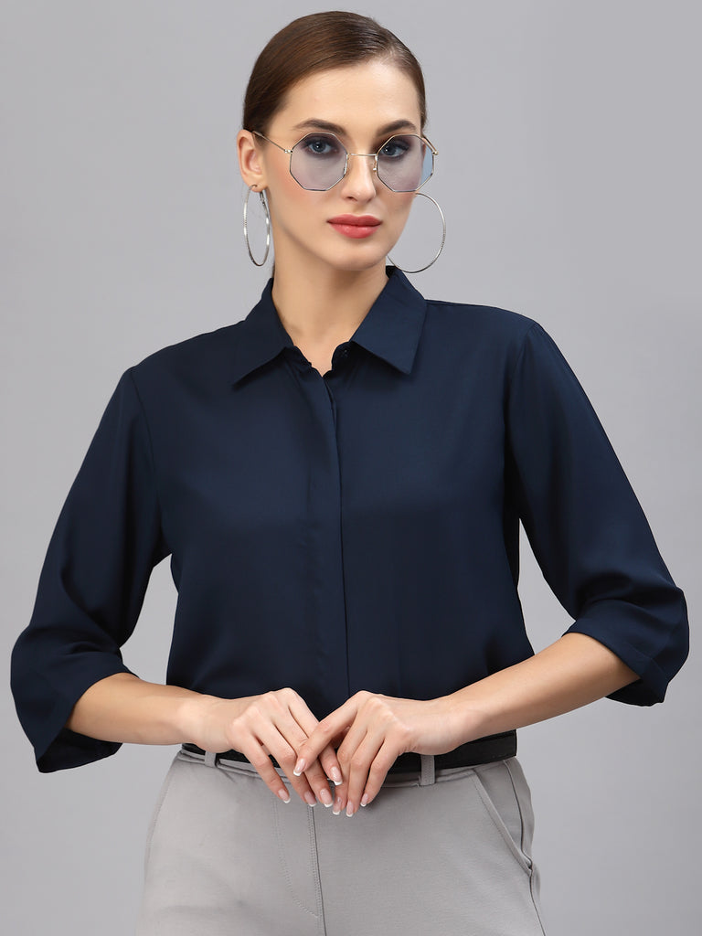 Style Quotient Women Solid Navy Polymoss Regular Formal Shirt-Shirts-StyleQuotient