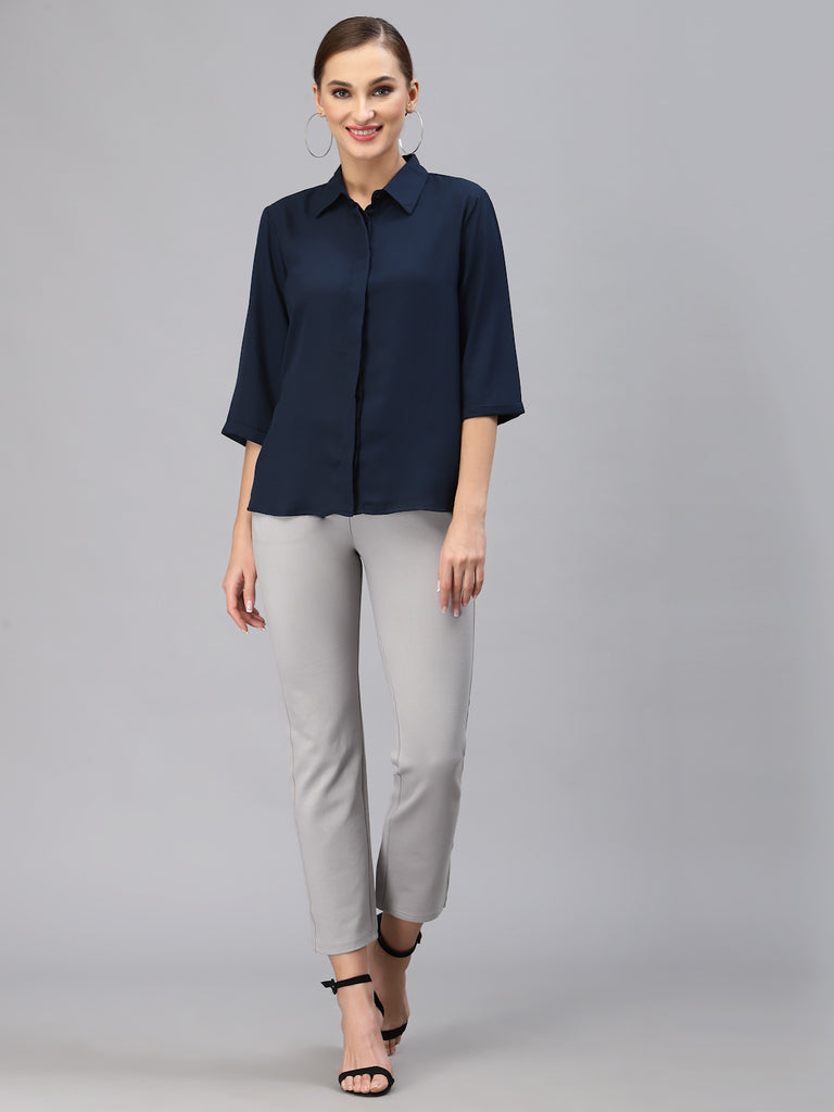 Style Quotient Women Solid Navy Polymoss Regular Formal Shirt-Shirts-StyleQuotient