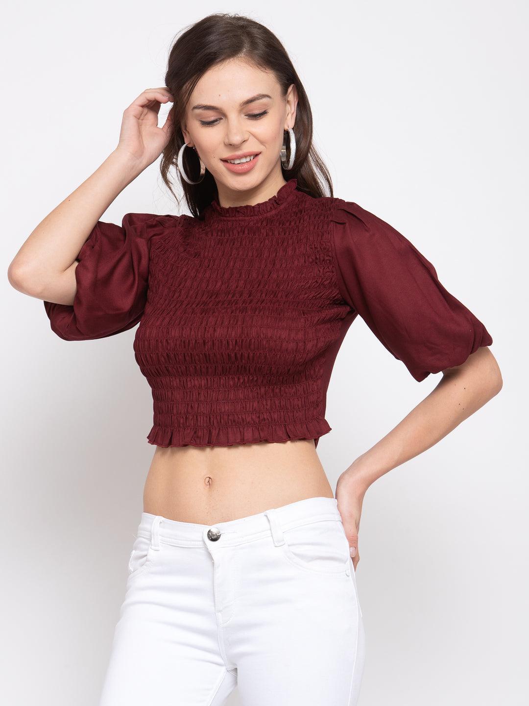 Womens Maroon Solid Casual Top-Tops-StyleQuotient