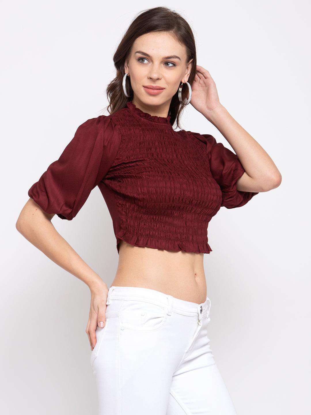 Womens Maroon Solid Casual Top-Tops-StyleQuotient