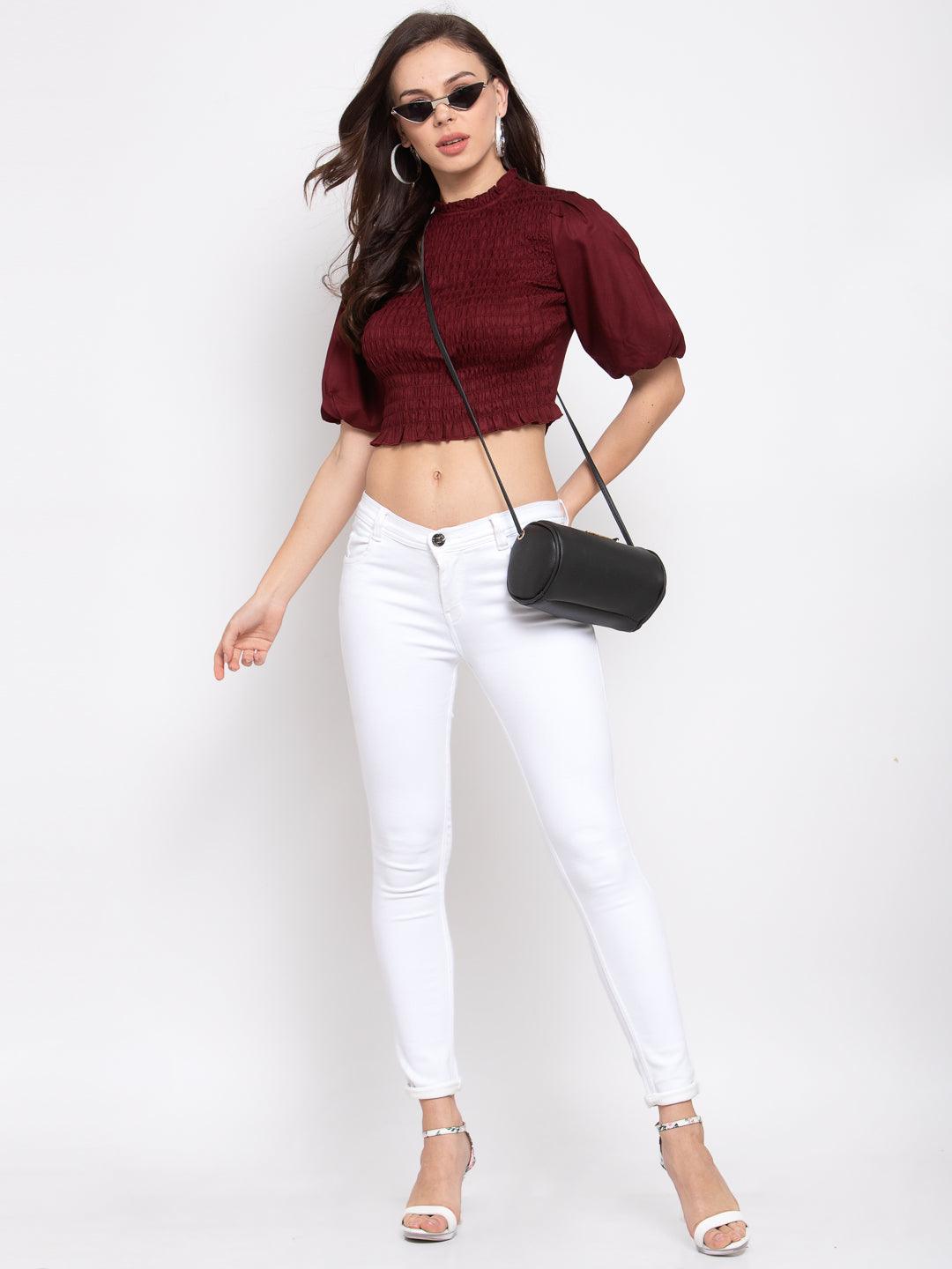 Womens Maroon Solid Casual Top-Tops-StyleQuotient