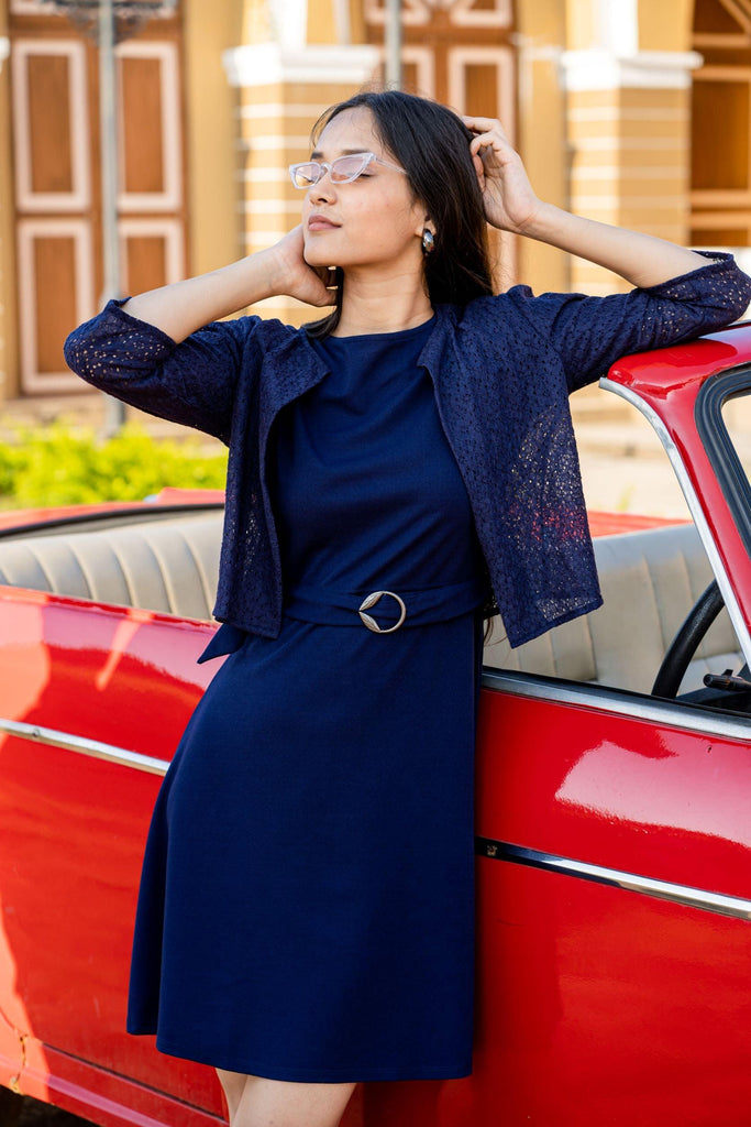 Women Navy Blue Solid Fit And Flare Dress-Dresses-StyleQuotient