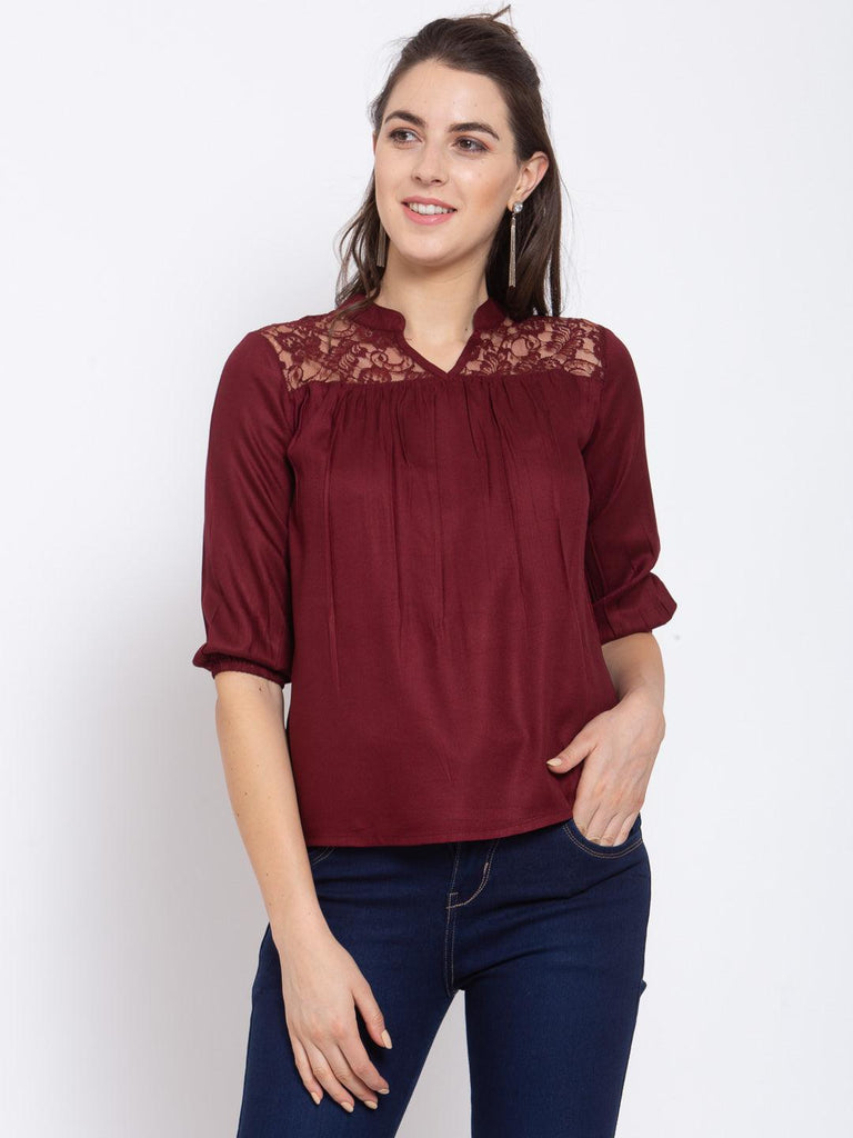 Women Maroon Loose Fit V Neck Top-Tops-StyleQuotient