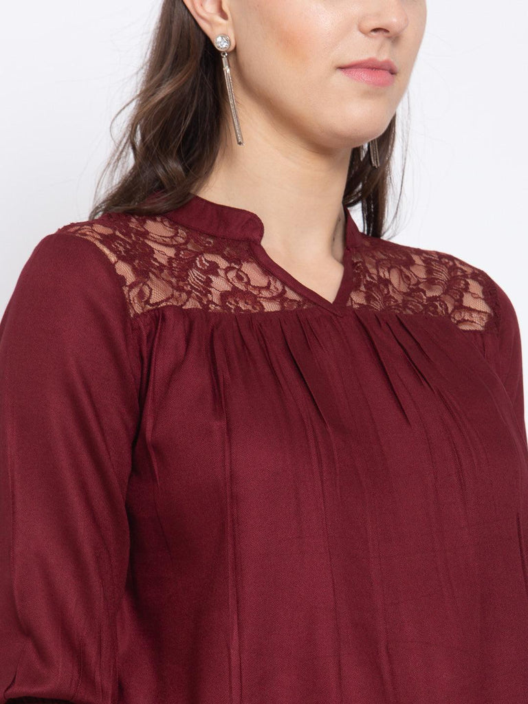 Women Maroon Loose Fit V Neck Top-Tops-StyleQuotient