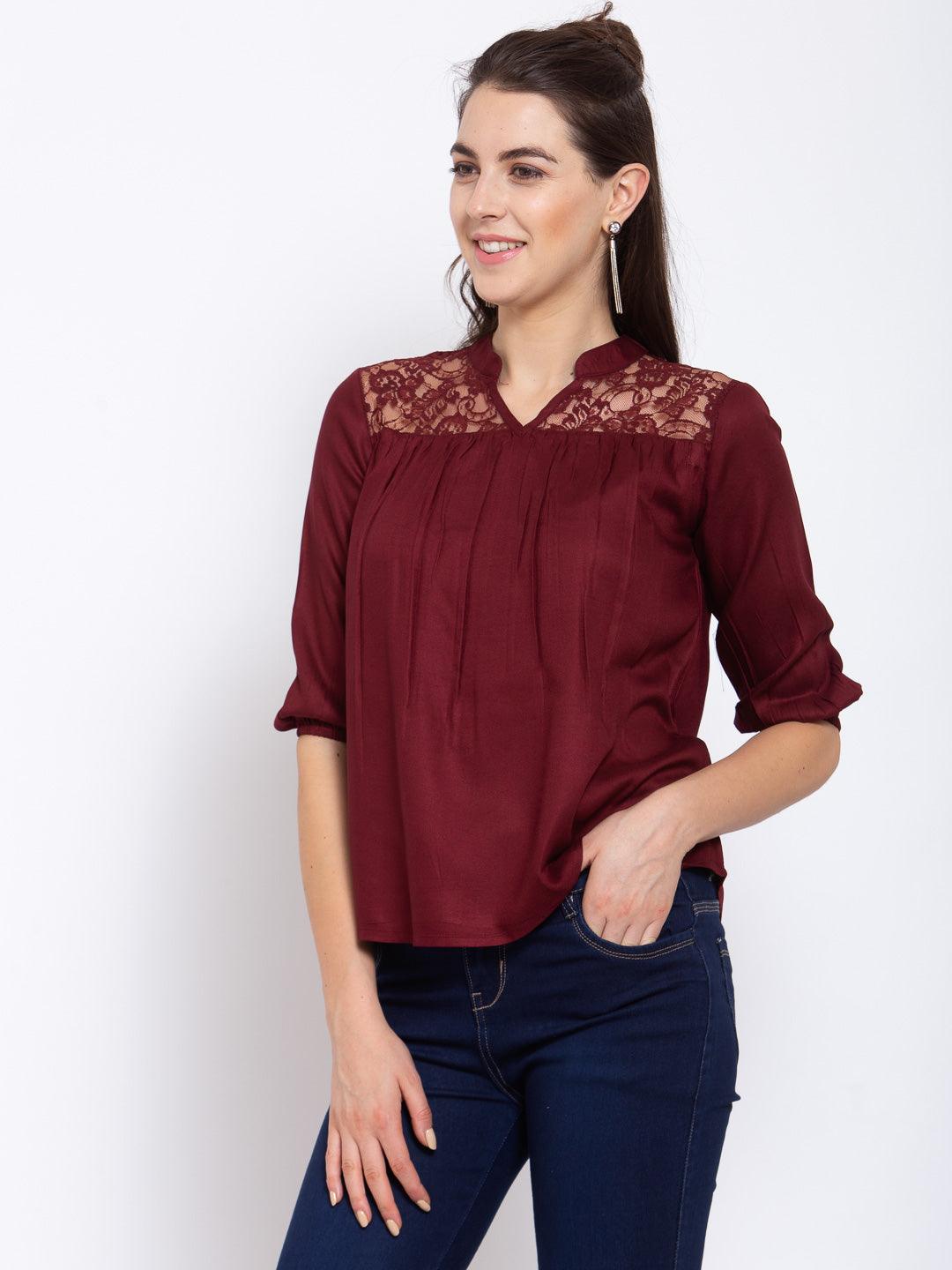 Women Maroon Loose Fit V Neck Top-Tops-StyleQuotient