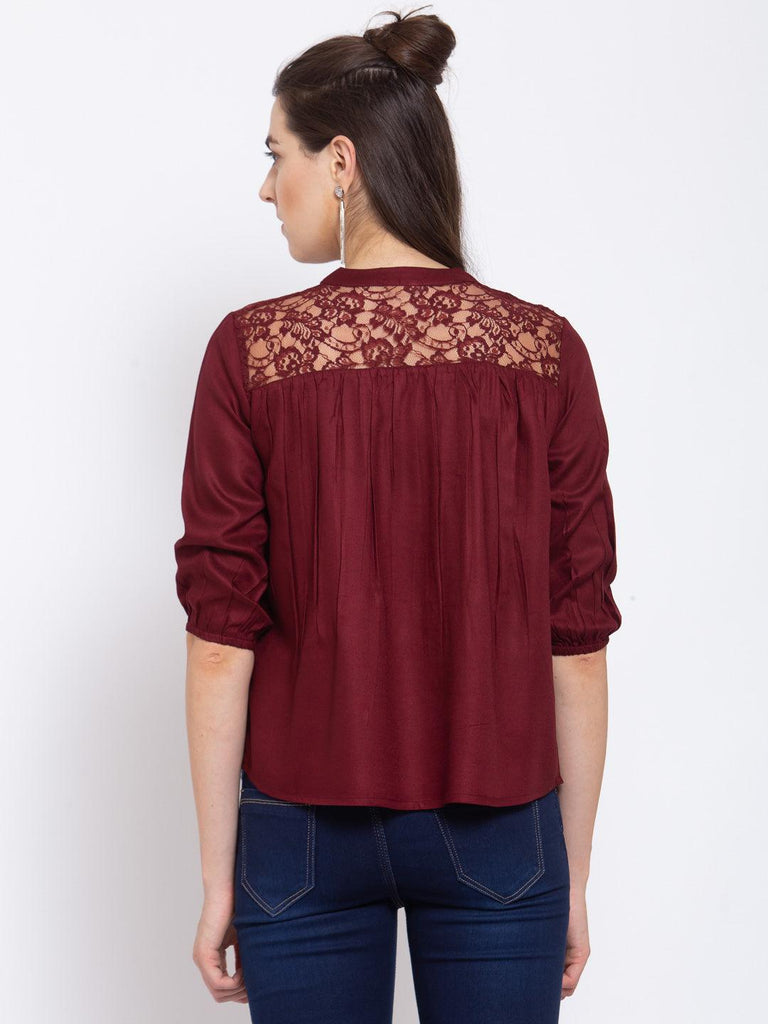 Women Maroon Loose Fit V Neck Top-Tops-StyleQuotient